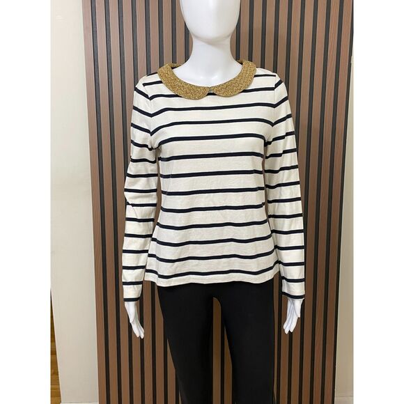 Boden Women's 8 White Sweater Cotton Knit Classic Striped Peter Pan Collared - Picture 1 of 10